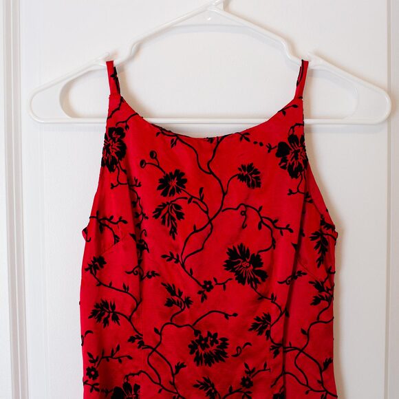 Gothic Red Dress Black Floral Vine Print Mini Slip Style VTG 3/4 Bright Spring - Picture 3 of 6